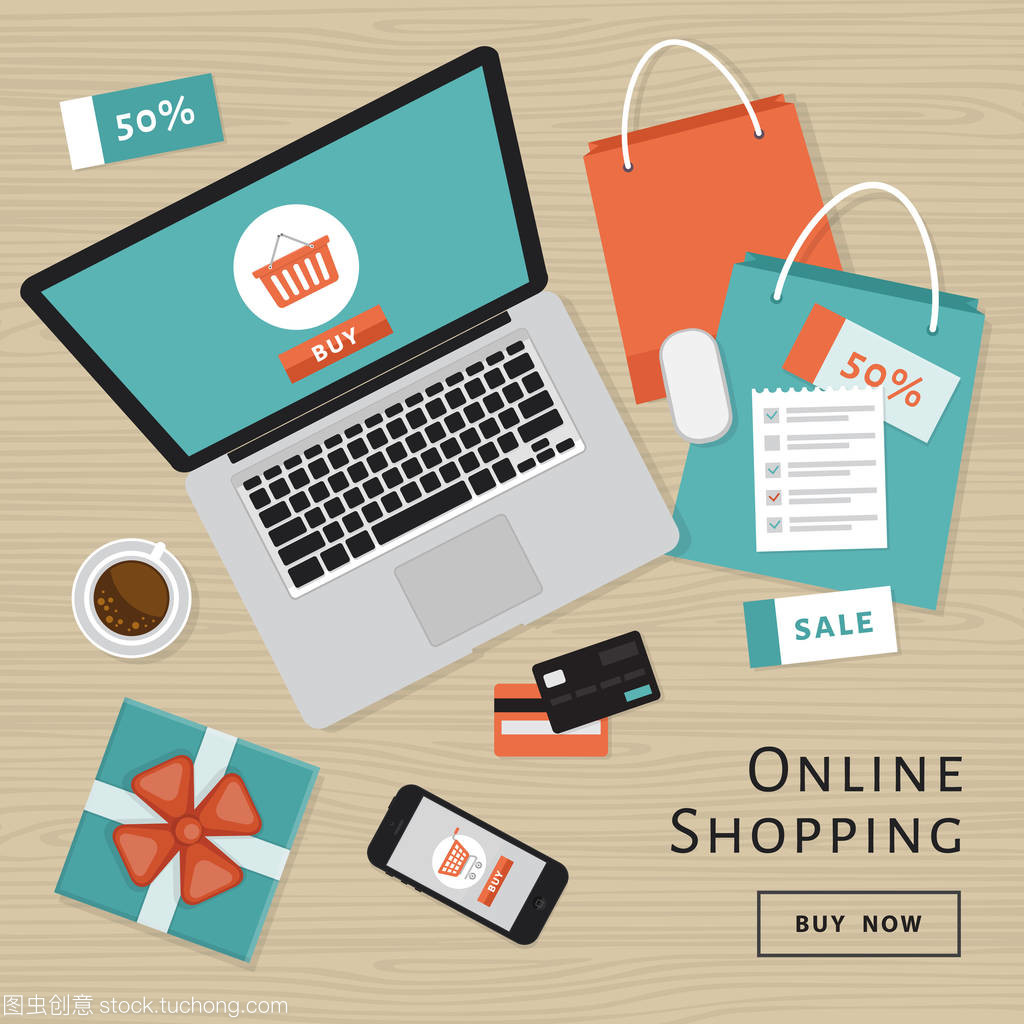 網(wǎng)上購物的概念。在線商店對(duì)象和橫幅。表與筆記本電腦, 購物袋, 信用卡, 禮品和優(yōu)惠券。平面樣式, 矢量插圖